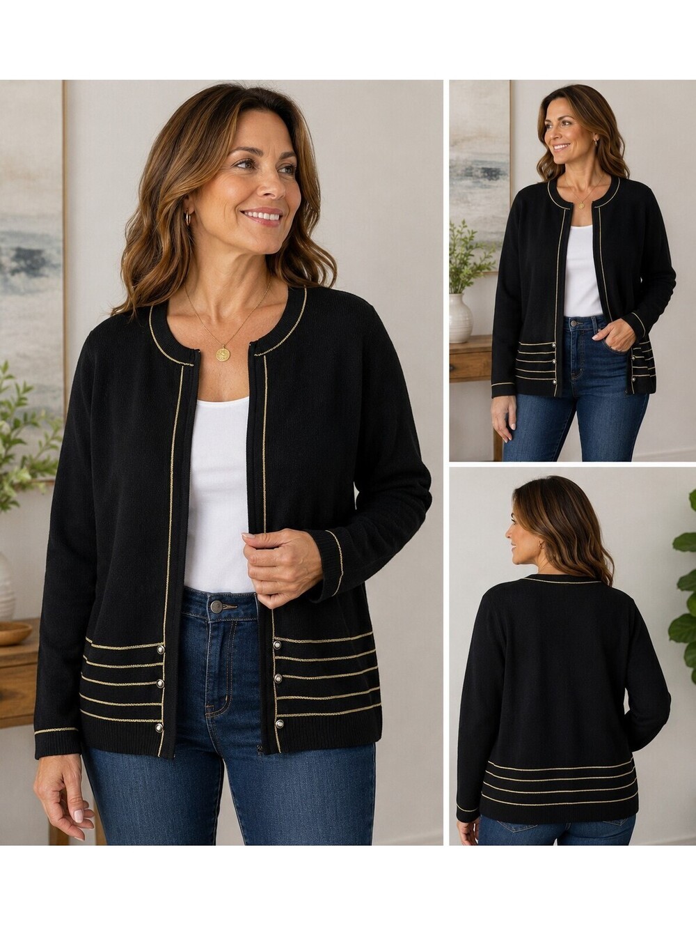 San Remo by Laura Knits Black Gold Trim Open Front Knit Cardigan Women's XL